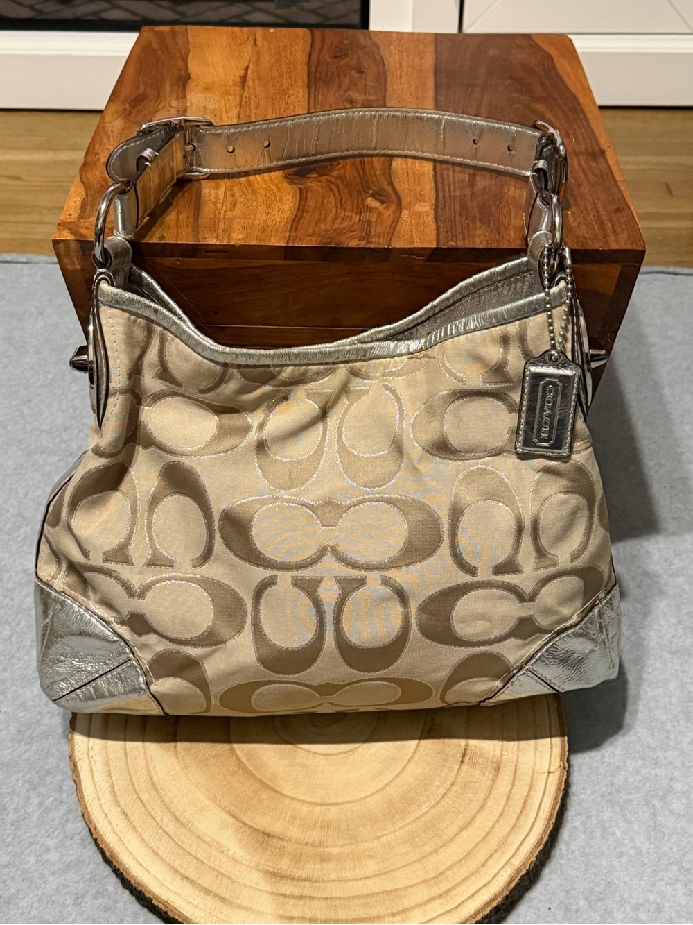 Coach Peyton Signature Metallic Silver & Tan Jacquard Shoulder Bag Purse AS IS